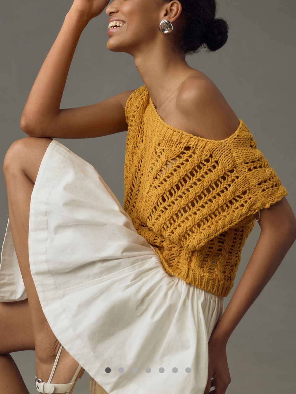 Anthropologie Maeve Open-Knit One-Shoulder Sweater in Mustard Yellow